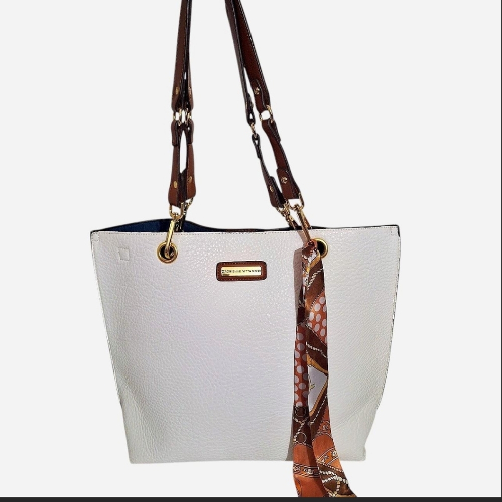 Adrienne Vittadini Faux Leather Convertible Tote Bag White Brown With Wristlet